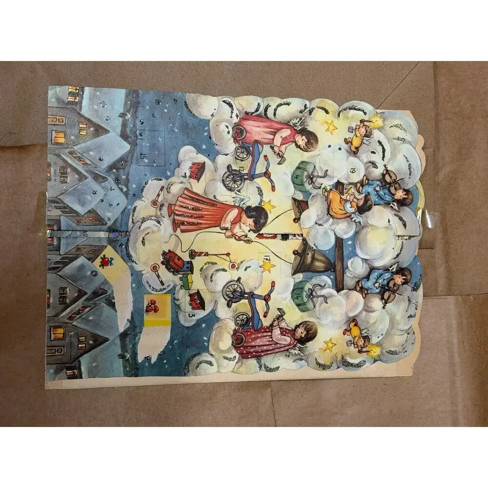 Vintage 50s 60s Count Down To Christmas Advent Calendar Paper Santa Angels Mod